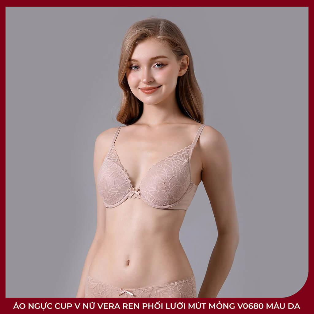 Áo Ngực Cup V Nữ VERA Ren Phối Lưới Mút Mỏng V0680 Màu Da – Thanh Lịch, Tôn Dáng Tự Nhiên - Ảnh 2