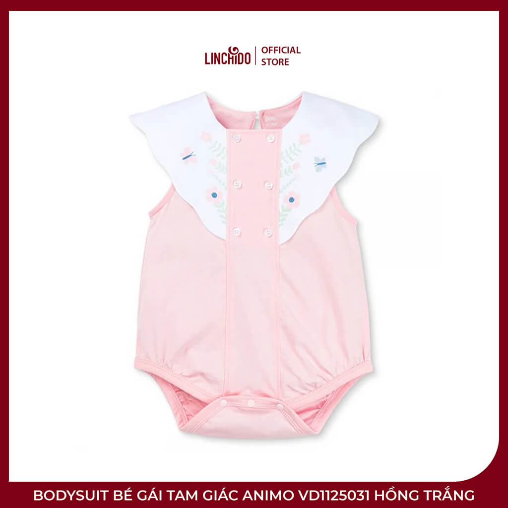 Bodysuit Bé Gái Tam Giác Animo VD1125031 Hồng Trắng – Cotton 100%, Cổ Sen Thêu Hoa