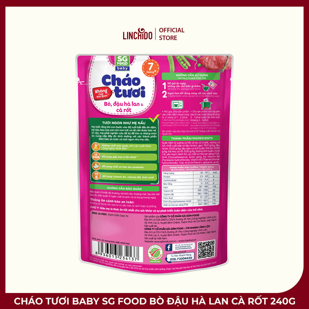 Cháo Tươi Baby SG Food Bò Đậu Hà Lan Cà Rốt 240g – Dinh Dưỡng Cho Bé Từ 7 Tháng - Ảnh 2