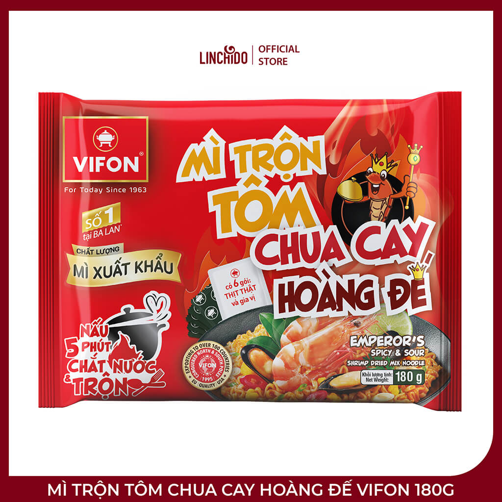 Mì Trộn Tôm Chua Cay Hoàng Đế VIFON 180g – Xốt Đậm Đà, Topping Hải Sản