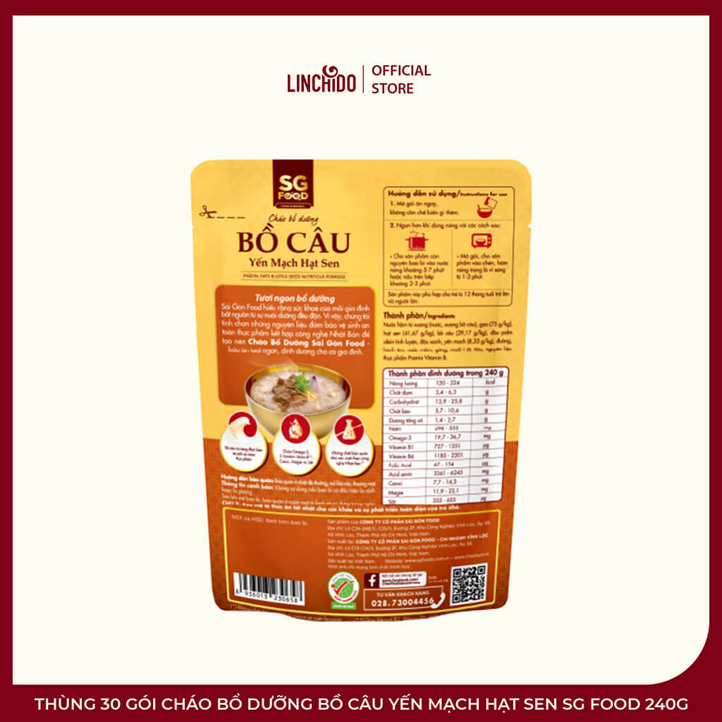 Thùng 30 Gói Cháo Bổ Dưỡng Bồ Câu Yến Mạch Hạt Sen SG Food 240g - Ảnh 3